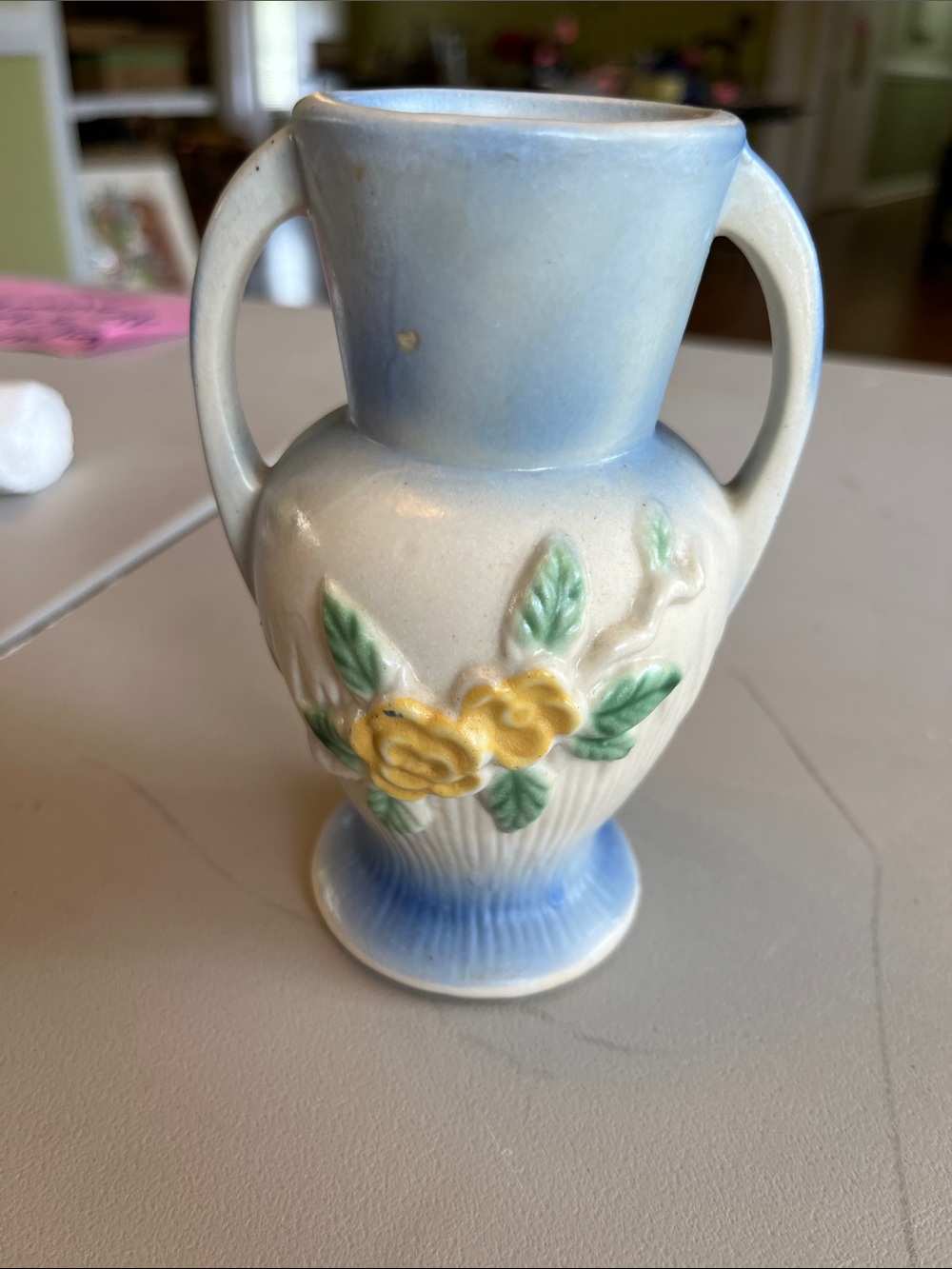 Weller Blue-Topped Ceramic Two-Handled Bud Vase with Yellow Floral Relief
